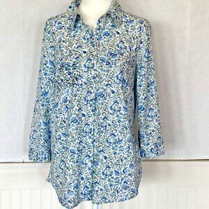 Floral  Womens 100% Cotton Button Down Blouse Blue and White Size M